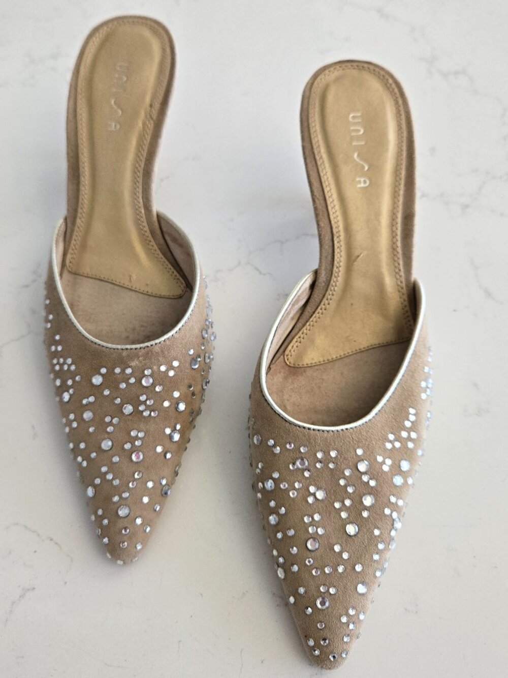 Unisa Sabine Suede Crystal Rhinestone Mules Size 7.5 Embellished Heels